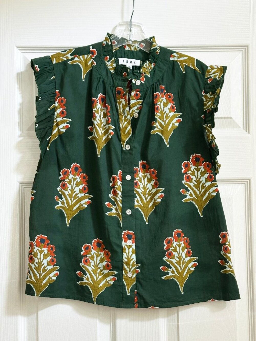 THML Flutter Sleeve Block Print Floral Blouse - Green - XS Extra Small